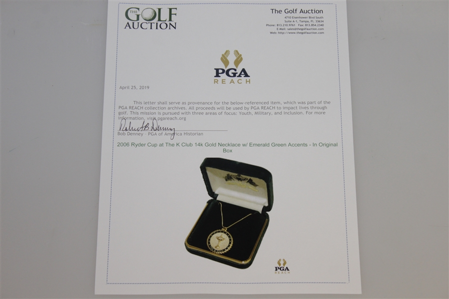 2006 Ryder Cup at The K Club 14k Gold Necklace w/ Emerald Green Accents - In Original Box