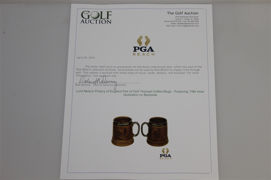 Lord Nelson Pottery of England Pair of Golf Themed Coffee Mugs - Featuring '19th Hole' Illustration on Backside
