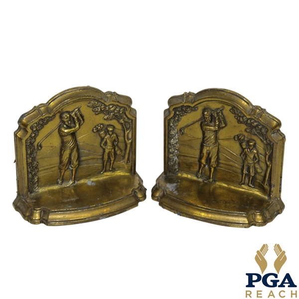 Post-Swing Time-Period Golfer and Caddie Golden Bookends 