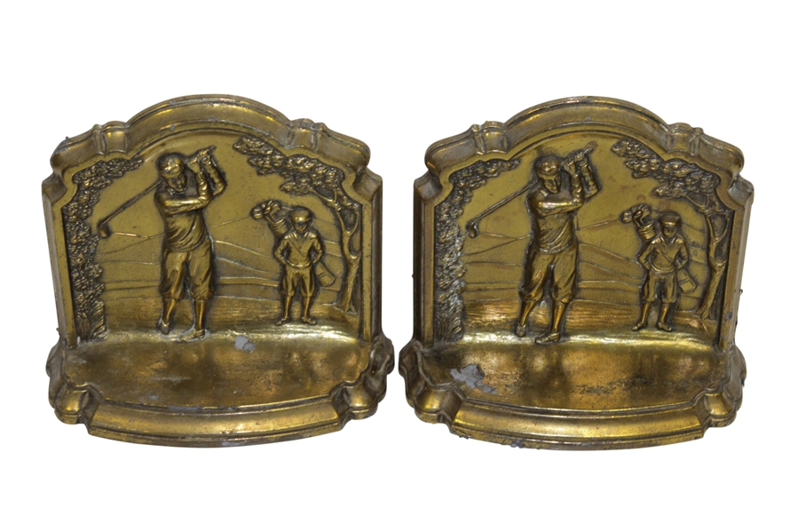 Post-Swing Time-Period Golfer and Caddie Golden Bookends 