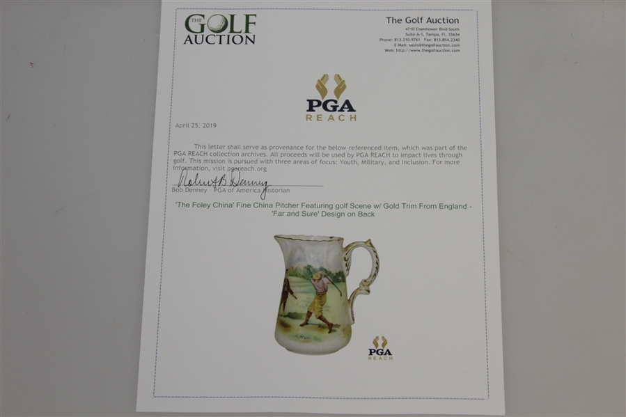 'The Foley China' Fine China Pitcher Featuring golf Scene w/ Gold Trim From England - 'Far and Sure' Design on Back