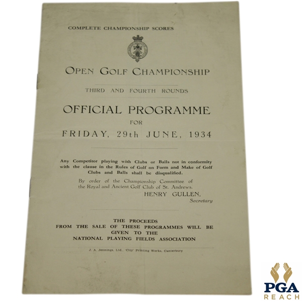 1934 Open Championship at Royal St George Program - Henry Cotton's 1st Open Championship Win