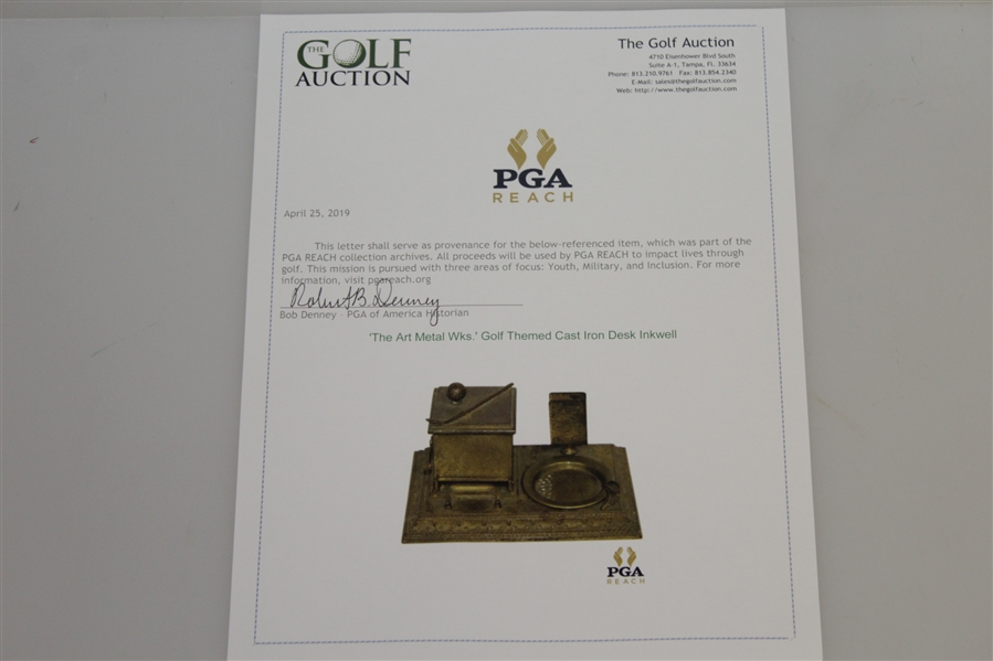 'The Art Metal Wks.' Golf Themed Cast Iron Desk Inkwell 