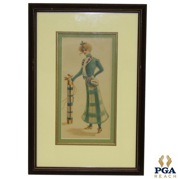 Framed and Matted Time-Period Lady Golfer Artist's Depiction 