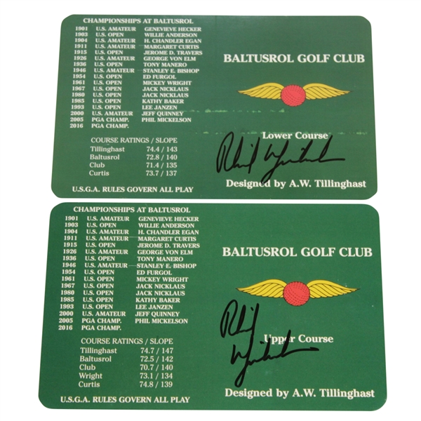 Phil Mickelson Signed Two Baltusrol Golf Club Scorecards JSA ALOA