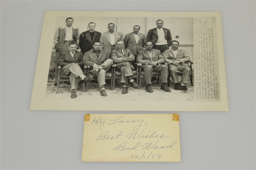 Bud Ward Signed 3x5 Card with Original Photo of 1947 Walker Cup Team JSA ALOA
