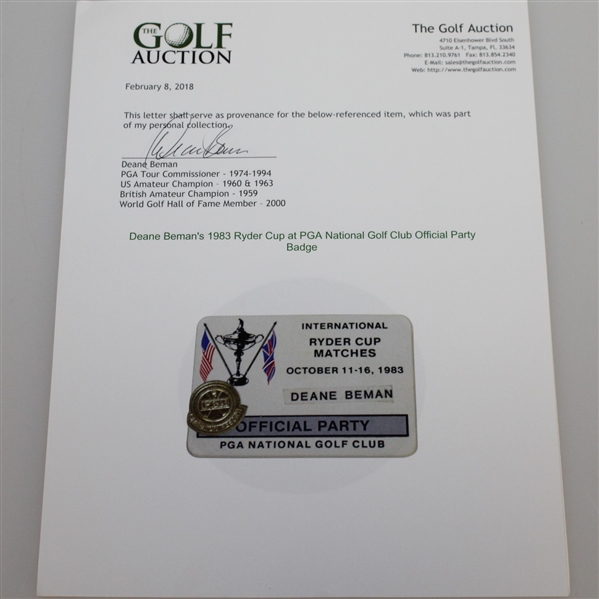 Deane Beman's 1983 Ryder Cup at PGA National Golf Club Official Party Badge