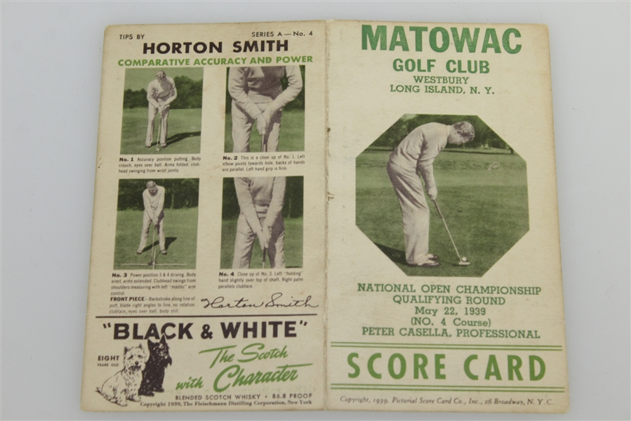 1939 US Open Qualifier Scorecard w/ Horton Smith Tips - Matowac Golf Club