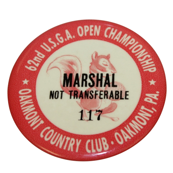 1962 US Open at Oakmont Country Club Marshal Badge #117 - Nicklaus First Major Win!