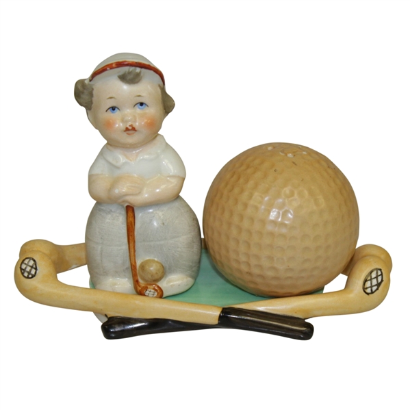 Vintage Porcelain Young Golfer with Golf Ball Salt & Pepper Shakers - Base Stamped 'Western Germany'