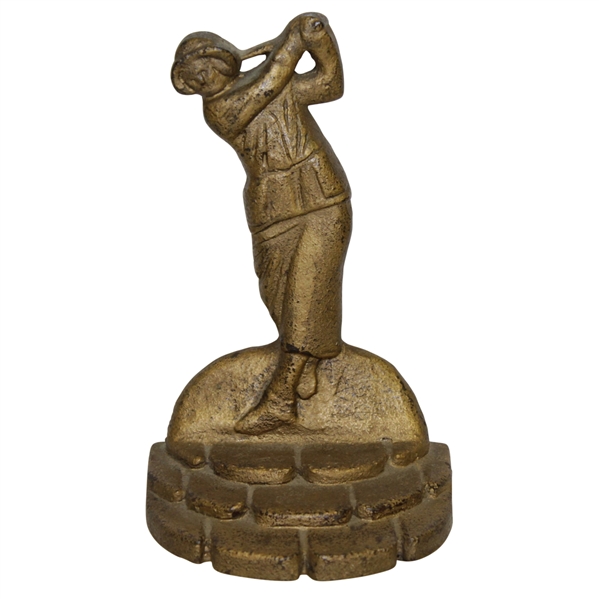 Cast Iron Lady Golfer w/ Hat Standing Atop Cobblestone Perch Bookend - Vintage