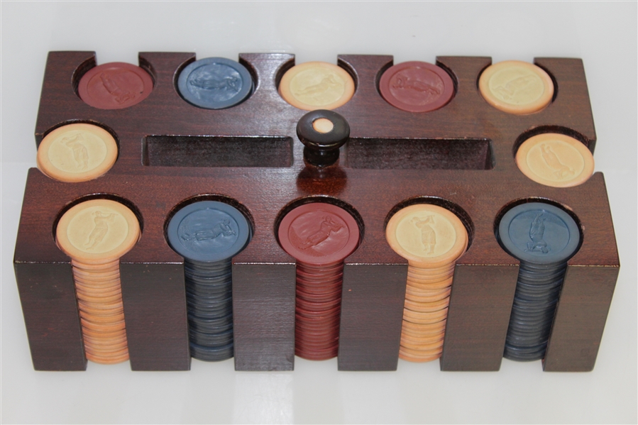 Classic Set of Clay Golfer Themed Poker Chips in Wood Box