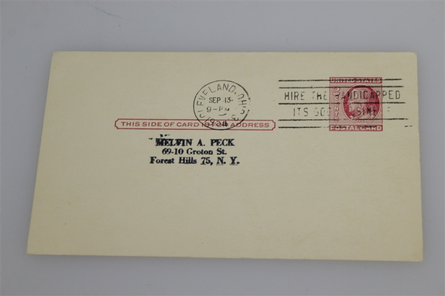 Peter Thomson Signed Government Postcard w/ '54 Open Notation JSA ALOA