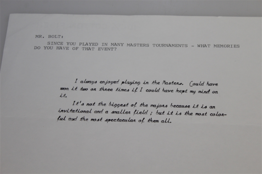 Tommy Bolt Signed Response Letter w/ Masters Tournament Content JSA ALOA