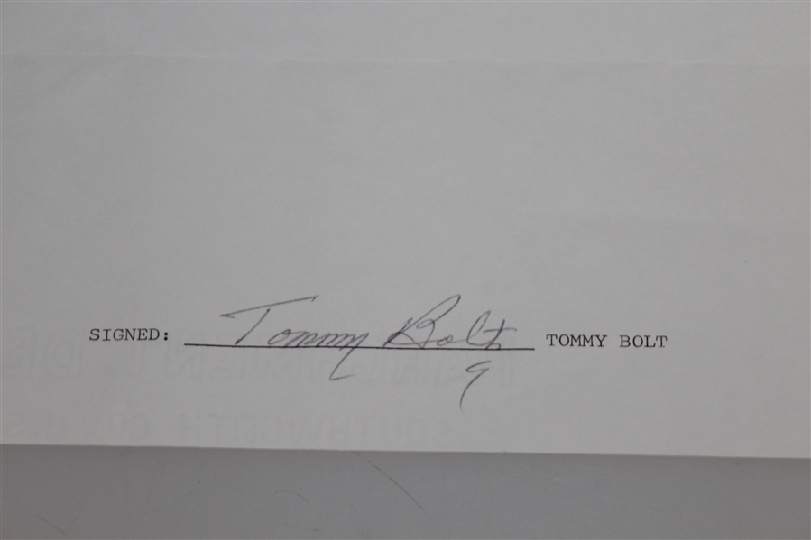 Tommy Bolt Signed Response Letter w/ Masters Tournament Content JSA ALOA