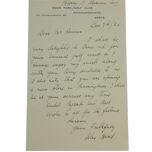 Alex (Sandy) Herd Signed Handwritten Letter - 1902 Open Champ JSA Full Letter #X77095