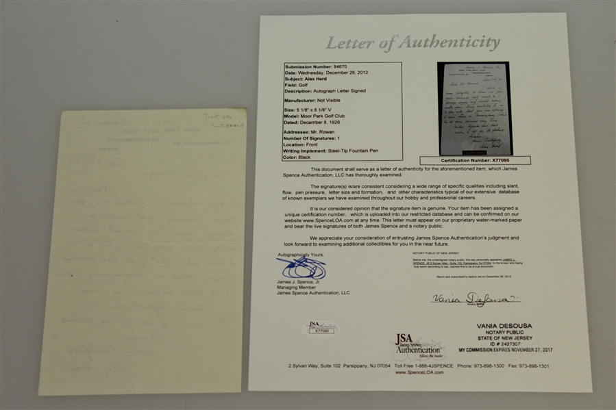Alex (Sandy) Herd Signed Handwritten Letter - 1902 Open Champ JSA Full Letter #X77095