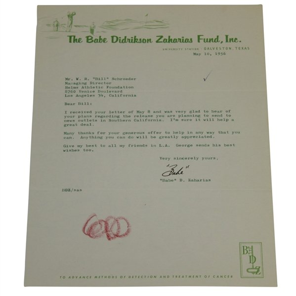 Babe Zaharias Signed Letter on Personal Letterhead - 5/10/1956 w/ JSA Full Letter #X28336