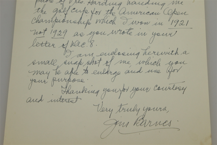 Jim Barnes Signed 12/10/52 Handwritten Letter - 1921 US Open Content - PSA/DNA Full #U07885
