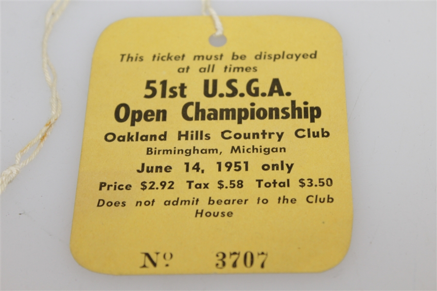 1951 US Open Championship at Oakland Hills Ticket in Excellent Condition - Ben Hogan Winner