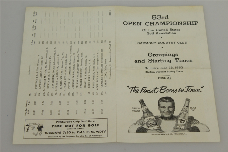 1953 US Open Final Rounds Pairing Sheet - Ben Hogan Win