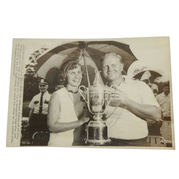 Jack & Barbara Nicklaus 1962 US Open Trophy Presentation Original UPI Wire Photo - 1st Win
