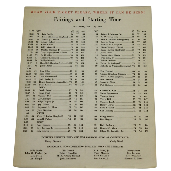 1966 Masters Tournament Pairing Sheet - Jack's 3rd Victory