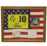 Tiger Woods & Payne Stewart Signed 1999 US Open Flag & Picture Presentation JSA ALOA