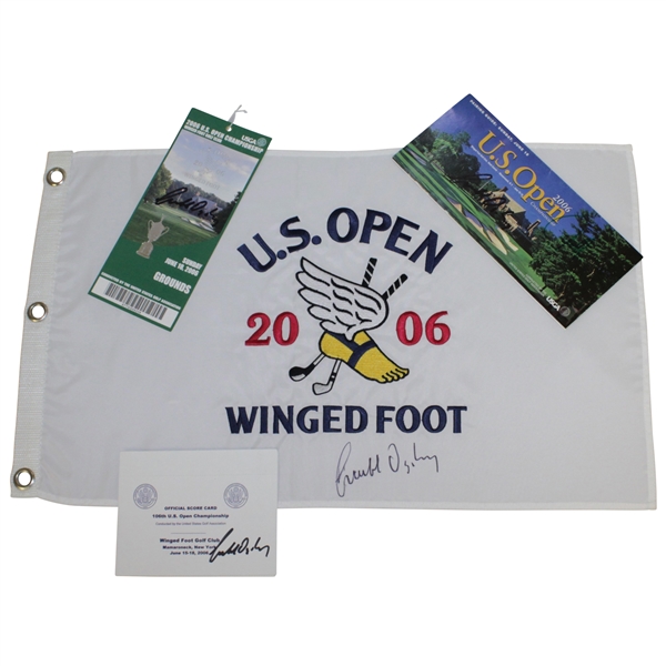 Geoff Oglivy Signed 2006 US Open at Winged Foot Flag w/ Ticket, Scorecard & Pairing Guide JSA ALOA