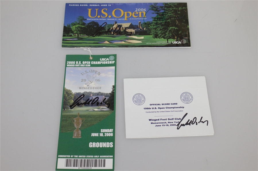 Geoff Oglivy Signed 2006 US Open at Winged Foot Flag w/ Ticket, Scorecard & Pairing Guide JSA ALOA