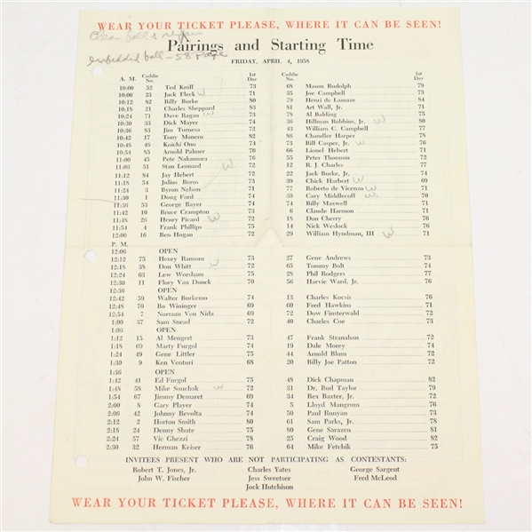 1958 Masters Tournament Friday Pairing Sheet - Palmer First Masters Win
