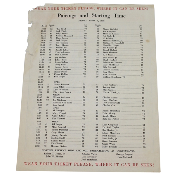 1958 Masters Pairing Sheet - Friday April 4th - Palmer First Green Jacket