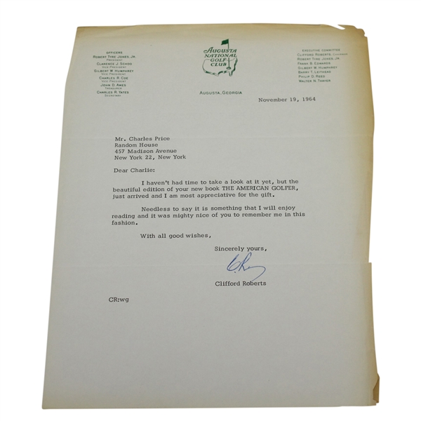 Clifford Roberts Signed (Initialed) Letter to Charles Price on ANGC Stationary - Nov 19, 1964 JSA ALOA