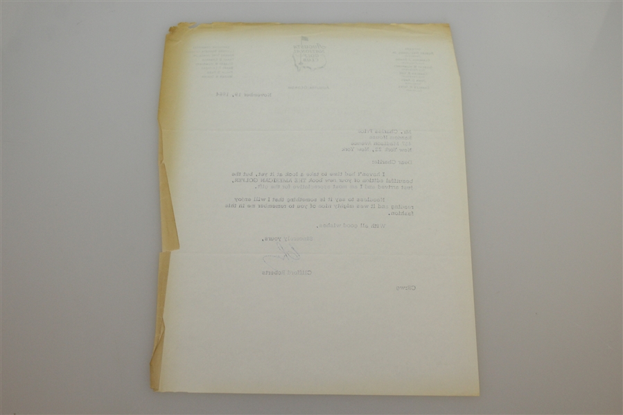 Clifford Roberts Signed (Initialed) Letter to Charles Price on ANGC Stationary - Nov 19, 1964 JSA ALOA