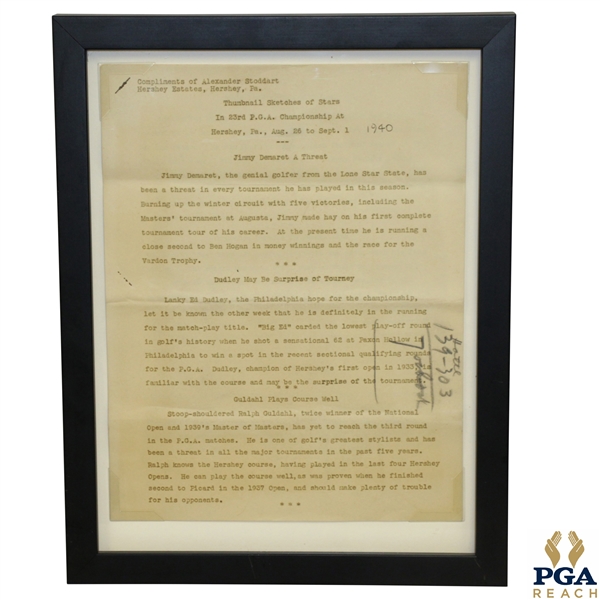 1940 PGA Championship at Hershey CC 'Thumbnail Sketches of Stars' Original Press Release - Demaret, Dudley & Guldahl Content