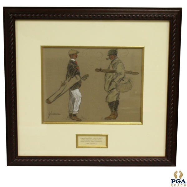 Circa 1920's Gentlemen Golfers Smoking & in Conversation Original Pencil, Water Color & Gouache On Board Artwork