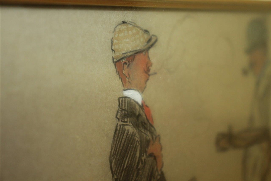 Circa 1920's Gentlemen Golfers Smoking & in Conversation Original Pencil, Water Color & Gouache On Board Artwork