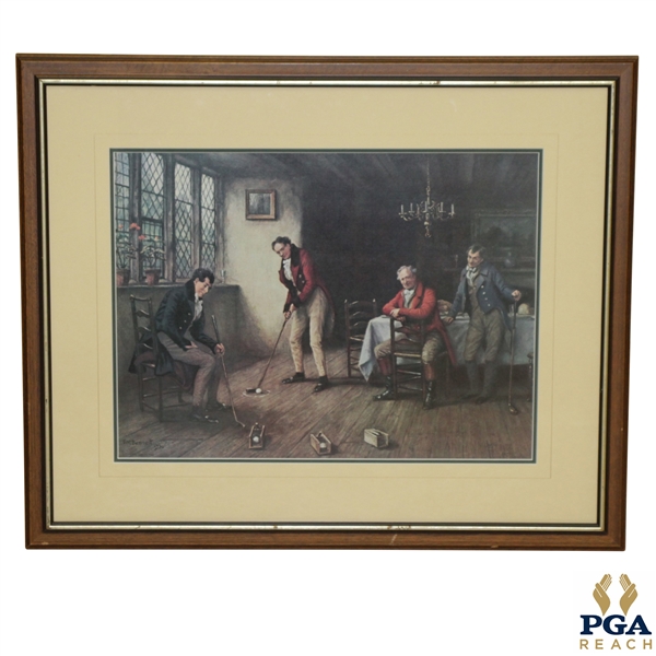 'The Last to Play' Print Signed by F. M. Bennett - Four Golfers Practicing Putting in a Pub 1930