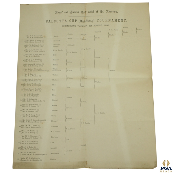 1893 Royal & Ancient Golf Club of St. Andrews Calcutta Cup Tournament Pairings Sheet - James H. Aitken Winner