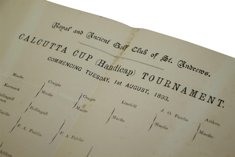 1893 Royal & Ancient Golf Club of St. Andrews Calcutta Cup Tournament Pairings Sheet - James H. Aitken Winner