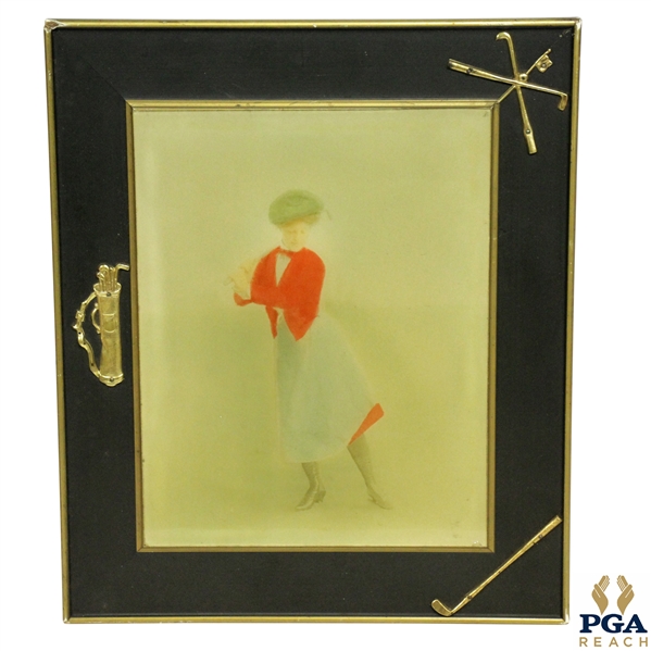 Lady Golfer Hand Colored Picture in Time-Period Golf Themed Frame