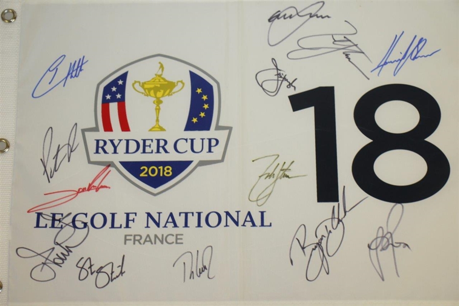 2018 Ryder Cup Flag Le Golf National Signed by Reed, D Johnson, Rahm & Rose Etc. JSA ALOA