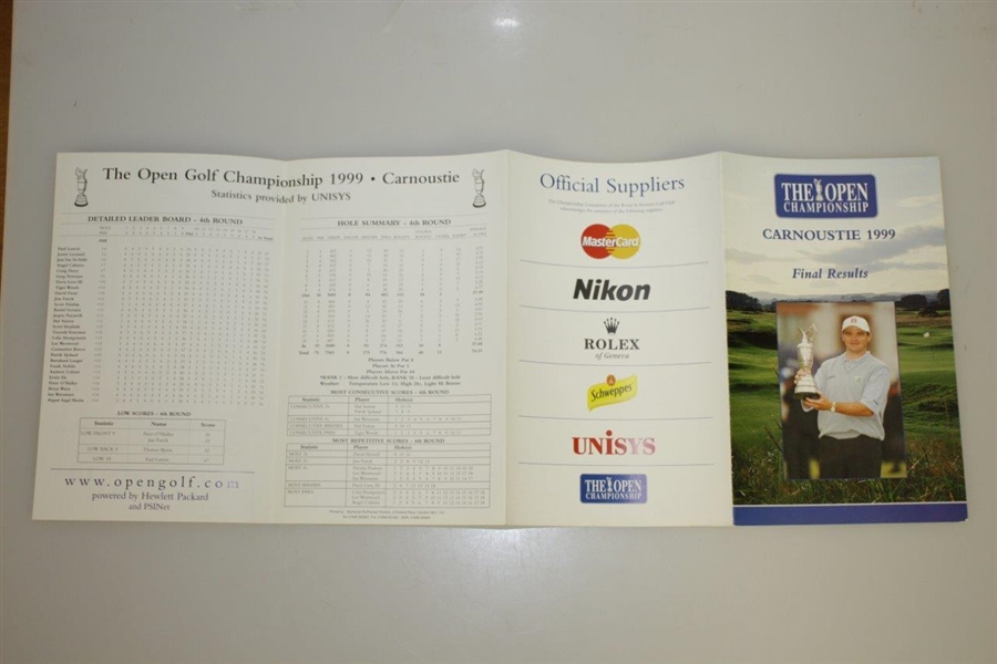Paul Lawrie & Jean Van de Velde Signed 1999 Open Program with Seldom Seen Final Results Page JSA ALOA