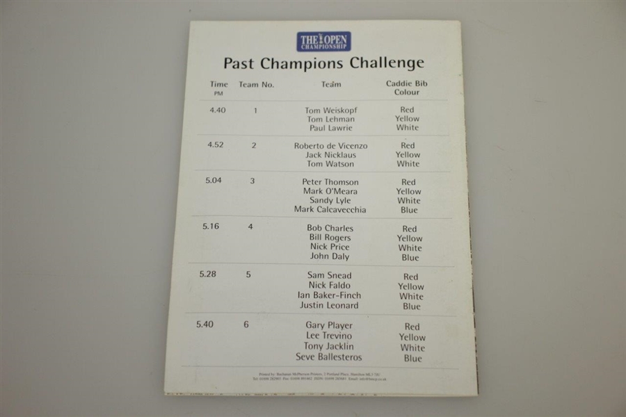2000 Open Past Champions Challenge Order of Play at St. Andrews Old Course