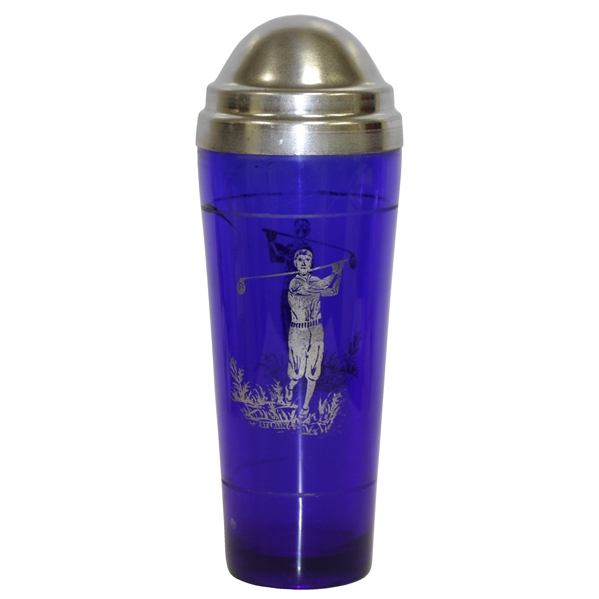 1920's Colbalt Blue Glass Cocktail Shaker w/ Silver Overlay Golfer 