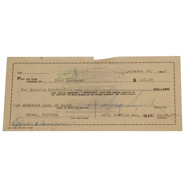 Sam Snead Signed 1952 Personal Check to Fred Corcoran JSA #EE96334