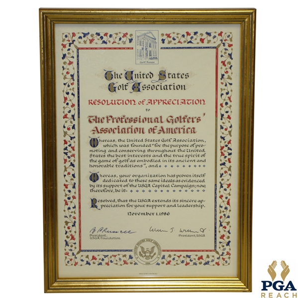 December 1, 1986 USGA Resolution of Appreciation to PGA of America
