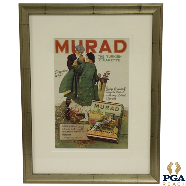 Early 1900's 'Murad - The Turkish Cigarette' Lithograph Advertisement w/ Golfer Lighting Cigarette