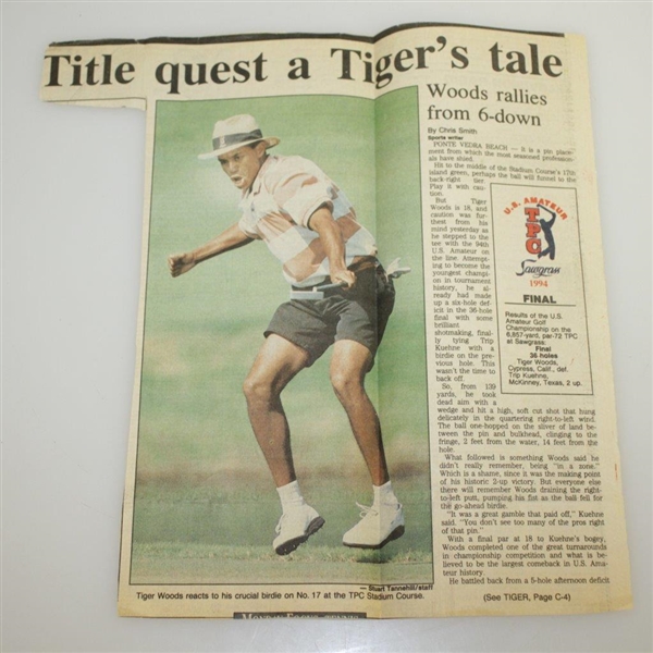 1994 US Amateur Straw Hat & Tiger Woods Newspaper Clipping - Woods' 1st US Amateur
