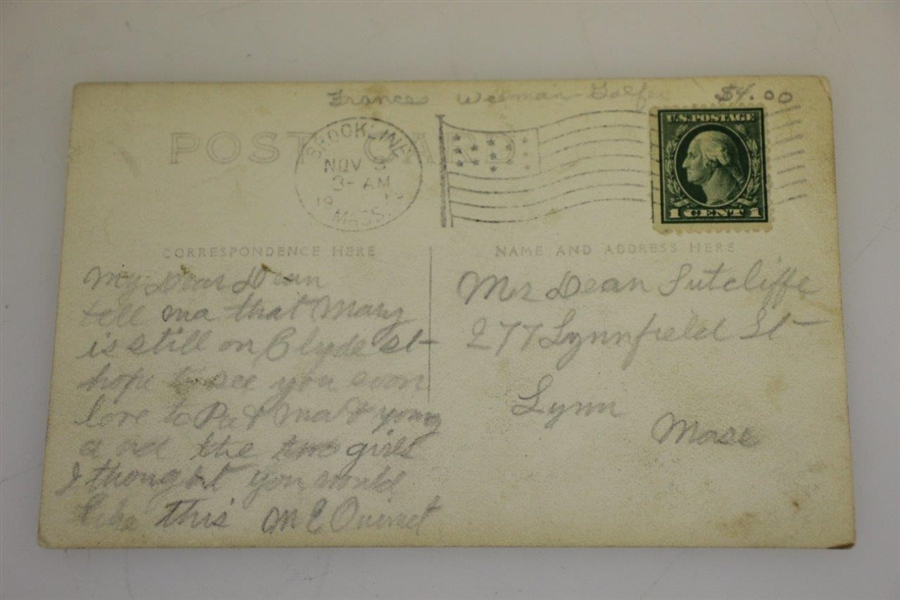 1913 Francis Ouimet Postcard Sent by His Mother Mary Ellen w/ Clyde St by Brookline CC Mention